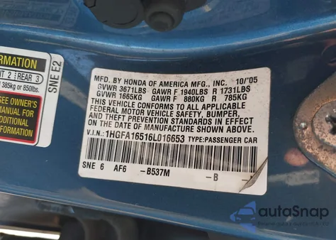 2006 Honda Civic Lx из США, поврежденный, VIN 1HGFA16516L016653